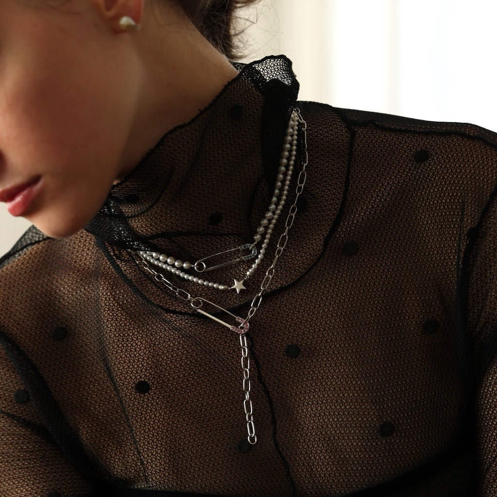 SILVER925 SAFETY PIN パールネックレス